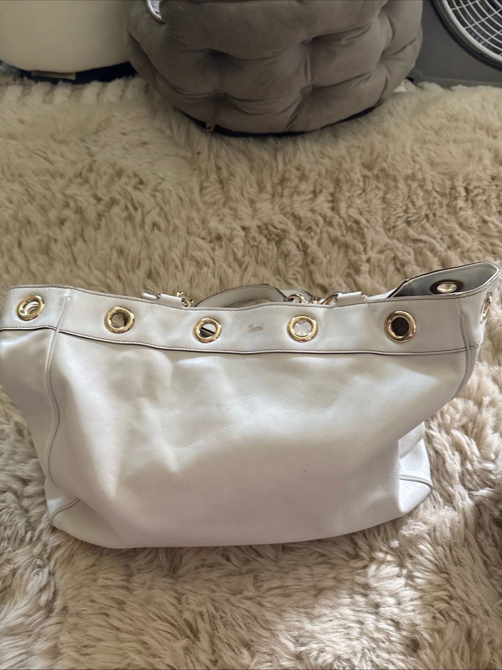 Gucci White Leather Tote with Gold Eyelet Details